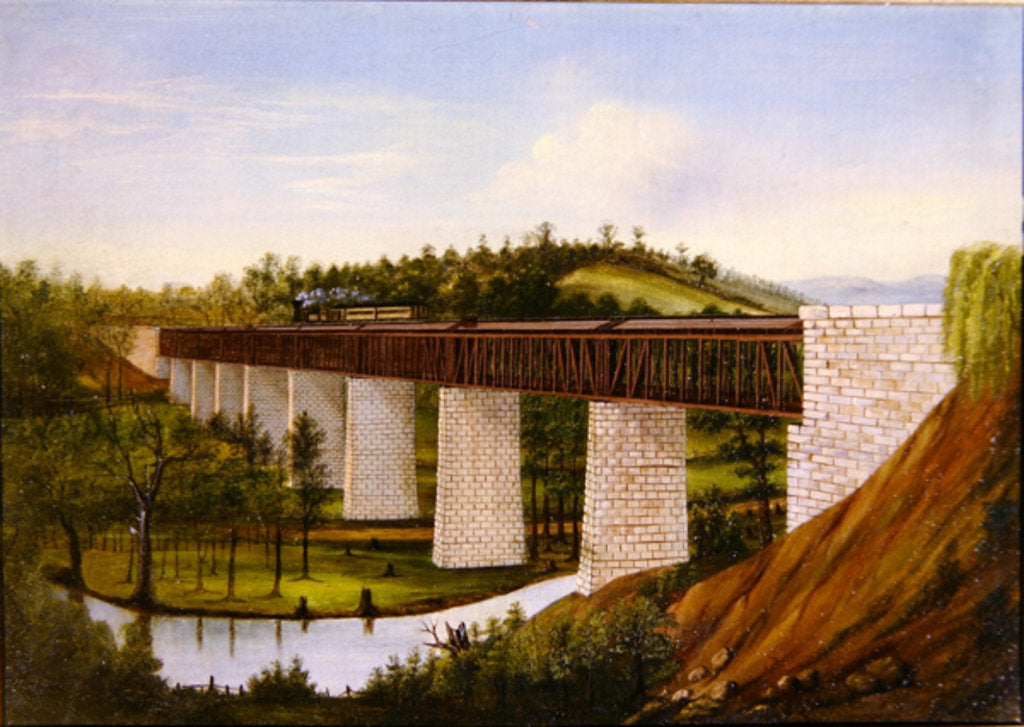 Detail of View of a covered bridge and railroad, c.1870 by American School
