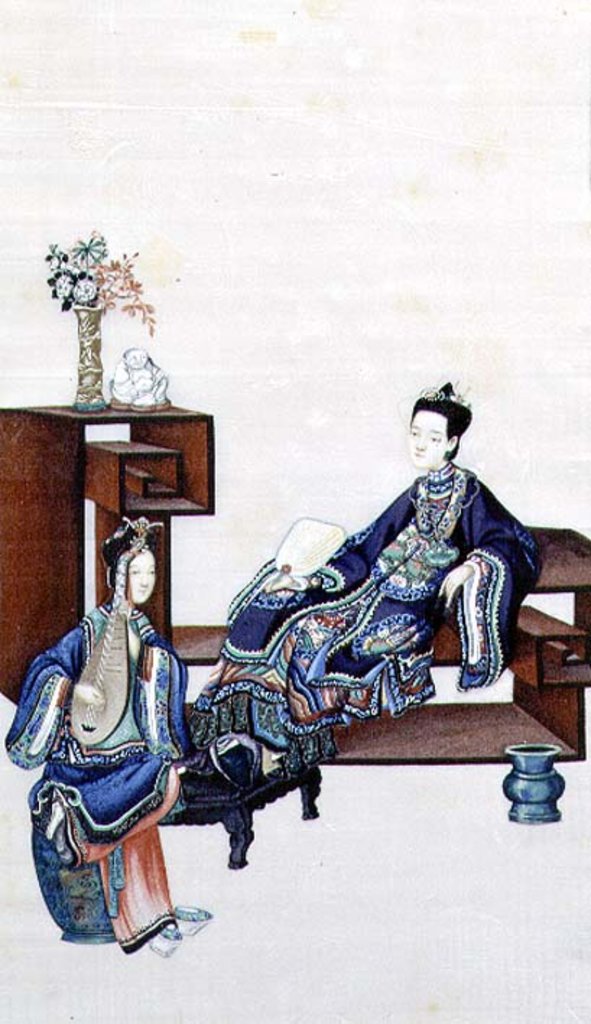 Detail of Lady Reclining with a Servant Playing a Musical Instrument by School Chinese
