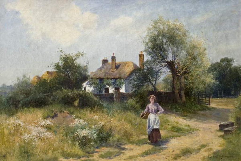 Detail of Landscape with Cottage Woman, late 19th-20th century by Ernest C. Walbourne