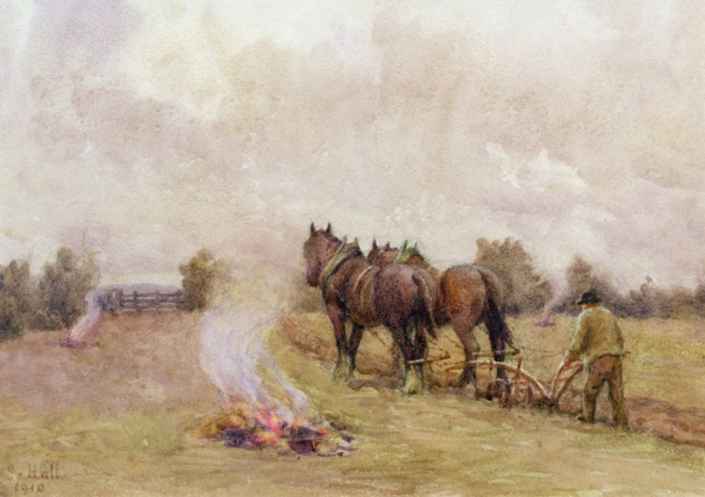 Detail of Ploughing Scene with Fires in a Field, 1910 by Jessie Hall