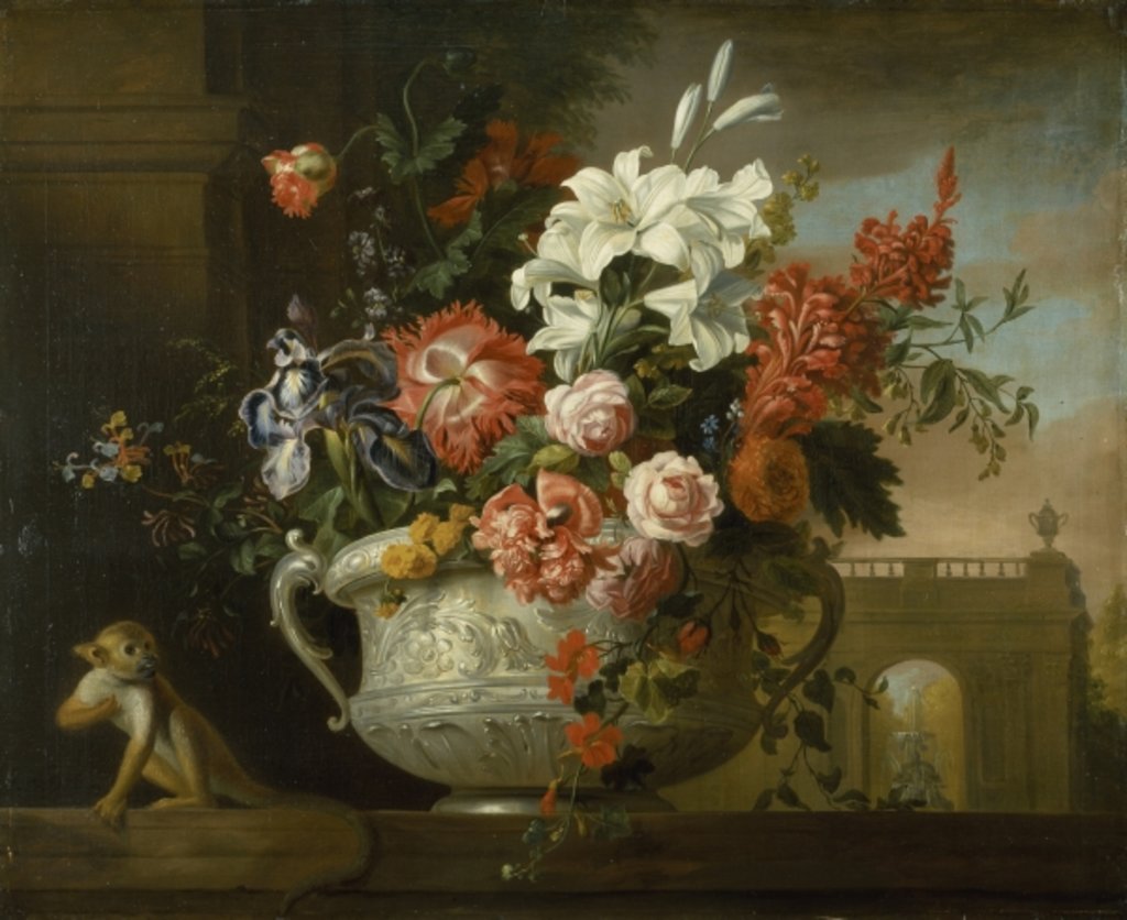 Detail of Still life with flowers in an urn, with a monkey, on a ledge, c.1699 by Jakob Bogdani or Bogdany