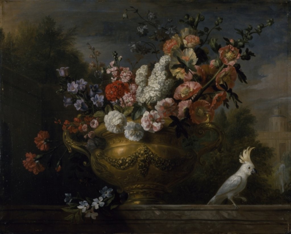 Detail of Still life with flowers in an urn, with a cockatoo, on a ledge, c.1699 by Jakob Bogdani or Bogdany