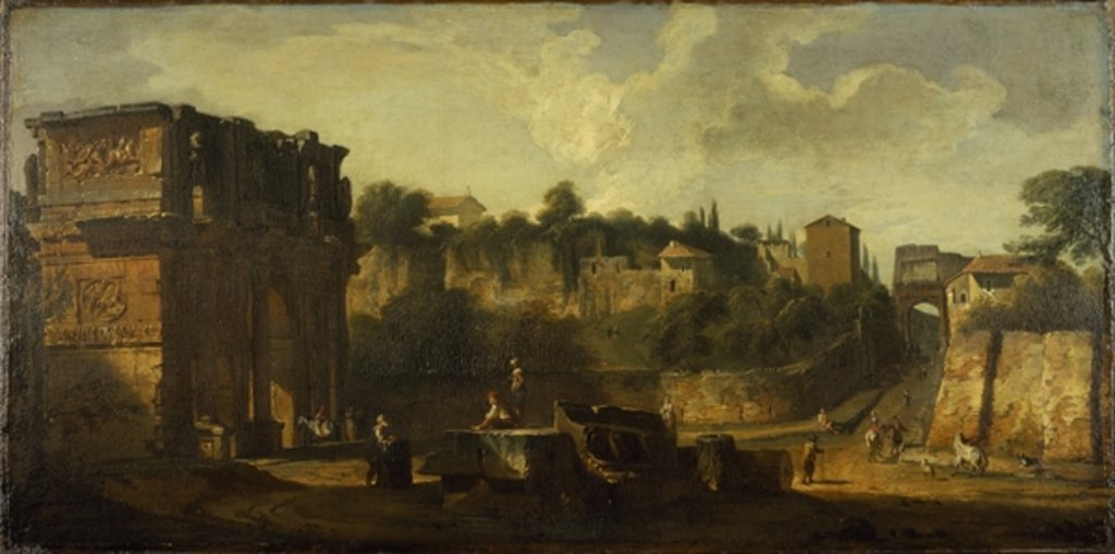 Detail of A view of the Arches of Constantine and of Titus, Rome by Giovani Paolo (attr. to) Panini
