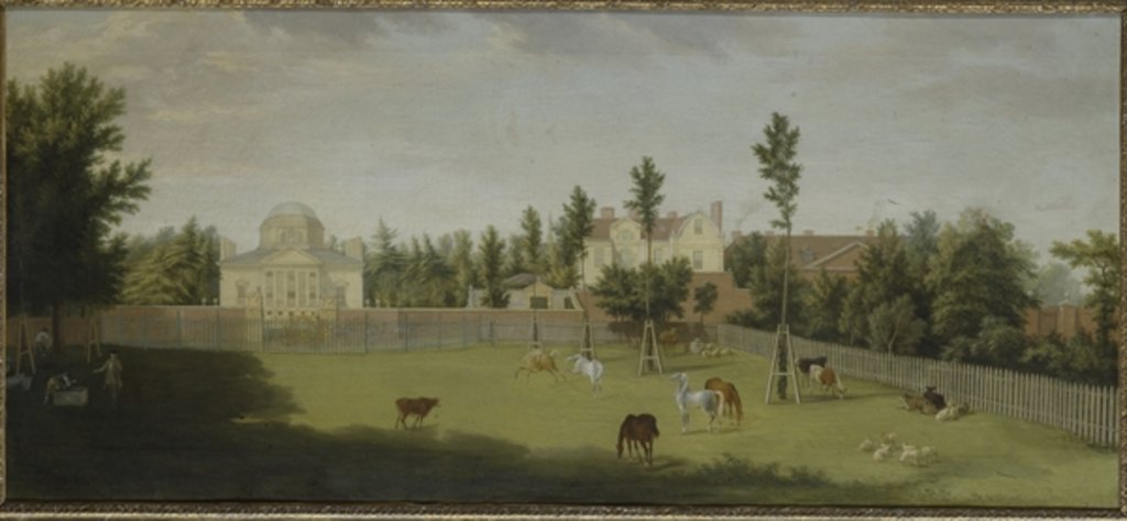 Detail of View of the new villa, old house and stables from across Burlington Lane, Chiswick Villa by Pieter Andreas Rysbrack