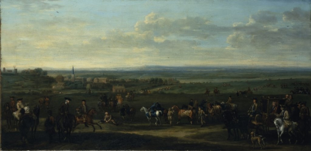Detail of A view of Old Newmarket with figures and horses on the Heath by John Wootton