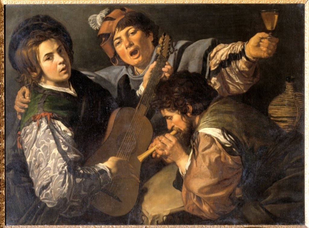 Detail of Three men making music, c.1616 by Valentin de Boulogne