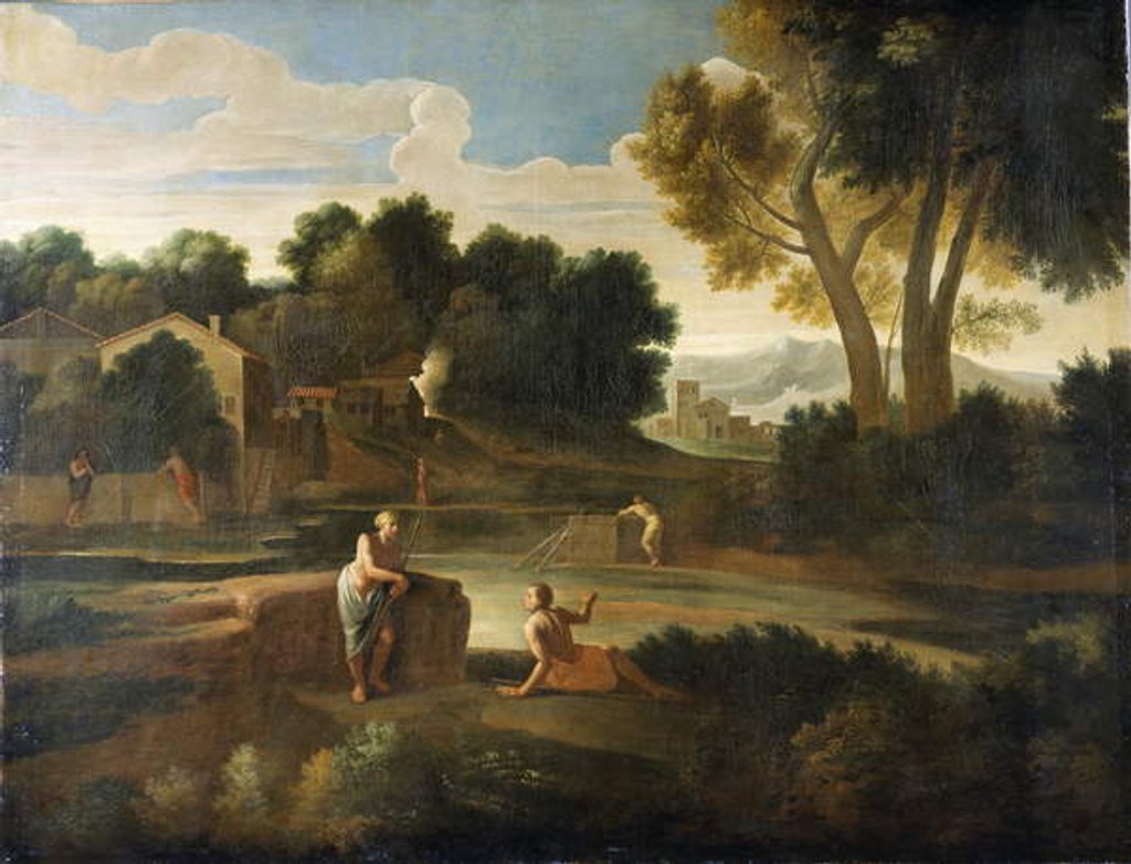 Detail of Classical landscape with figures by Gaspard Poussin Dughet