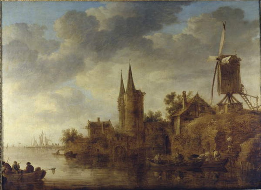 Detail of A river landscape with a capriccio of the Oostport, Delft, c.1644 by Jan Josephsz van Goyen
