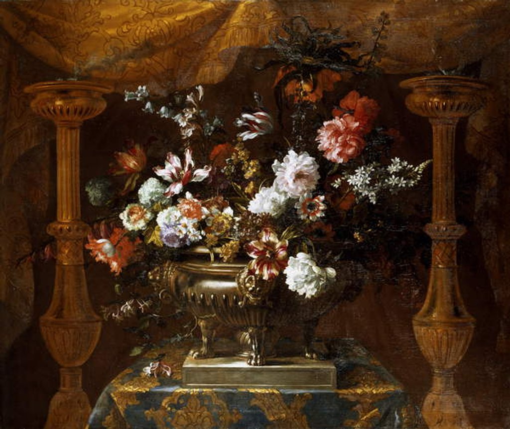 Detail of Still life with flowers in a silver vase with perfume burners, c.1690-99 by Jean-Baptiste Monnoyer