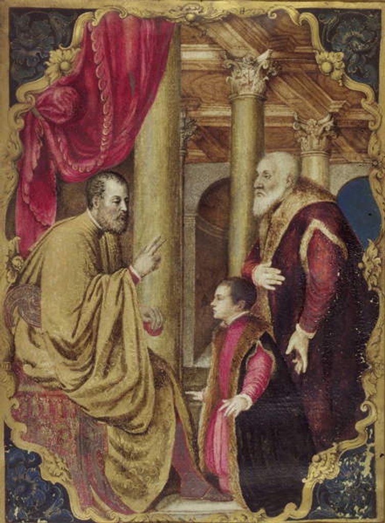 Detail of Venetian Senator or Doge presenting his son to his patron saint by Venetian School
