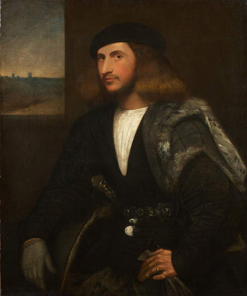 Detail of Portrait of a Venetian nobleman by Giovanni de Busi Cariani