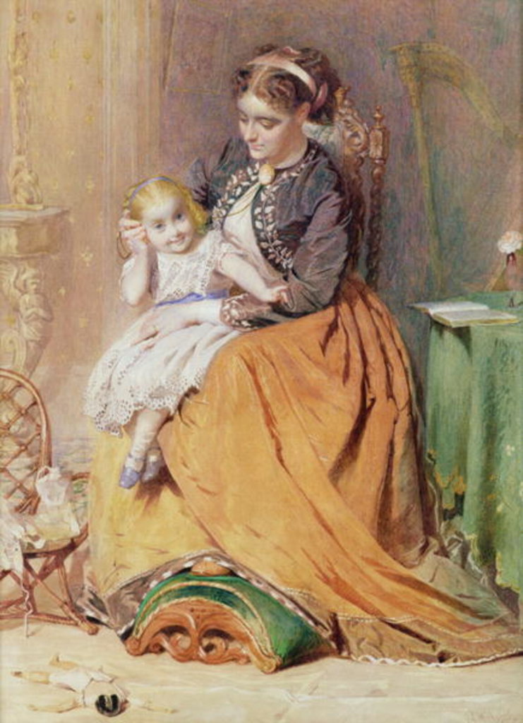 Detail of Tick, Tick, Tick - a girl sitting on her mother's lap listening to her gold watch ticking, 1867 by George Elgar Hicks