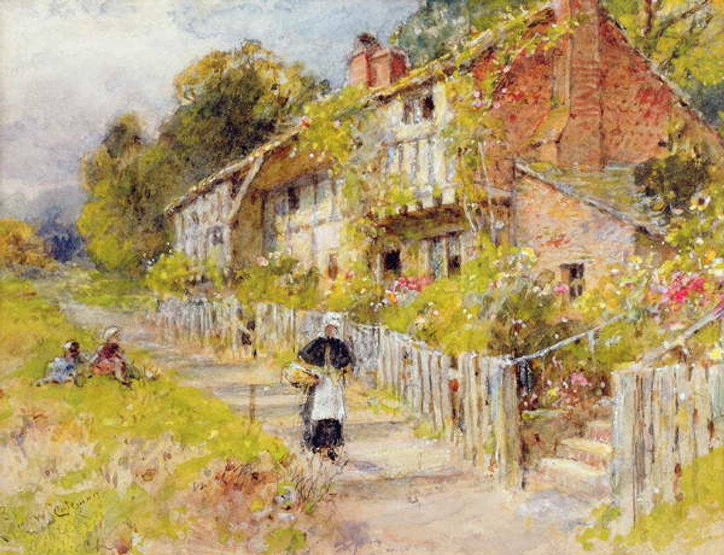 Detail of Cottages - a row of cottages with a figure and other children playing by William Stephen Coleman