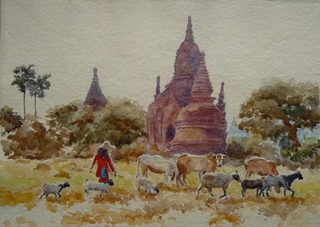 Detail of 901 Bagan, herding among the temples by Clive Wilson