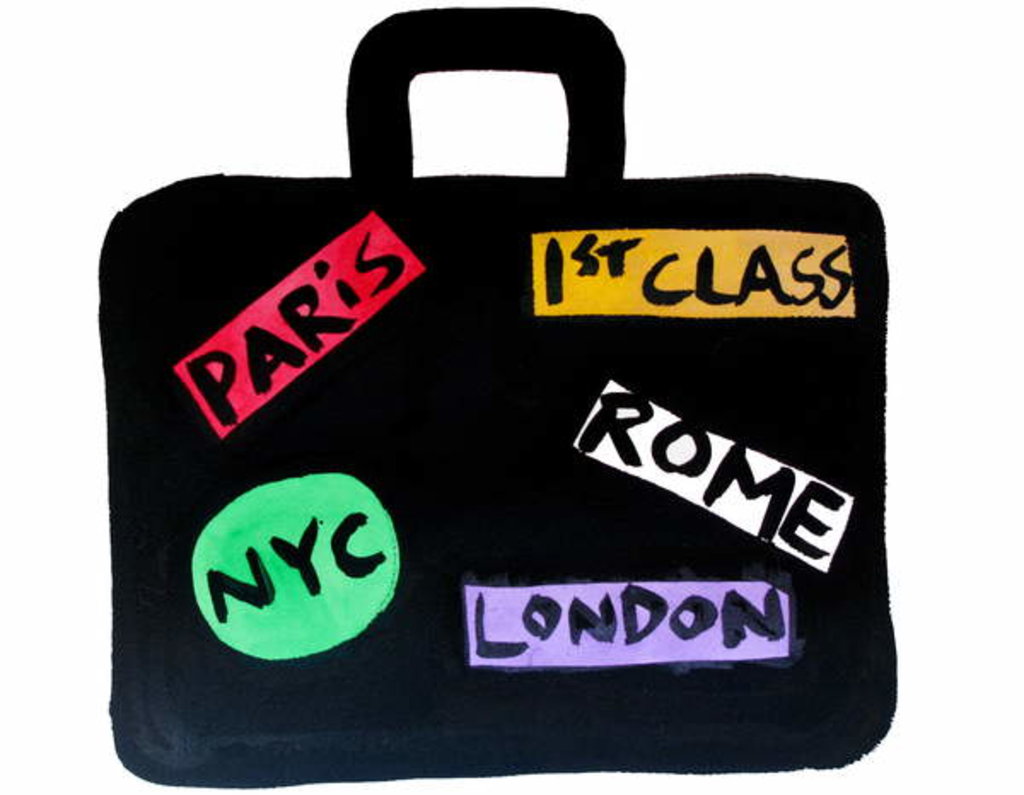 Detail of Paris, NYC, London, Rome Suitcase by Daisy de Villeneuve