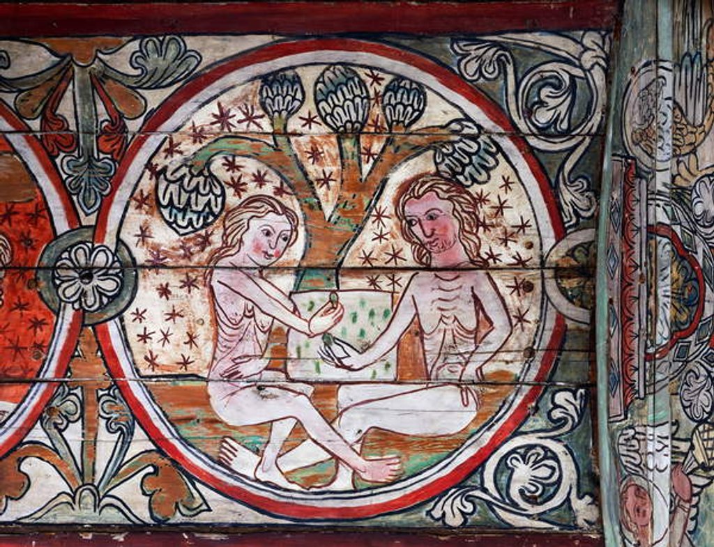Detail of Adam and Eve in Garden of Eden, decoration from Al Stavkirke, Norway by school Scandinavian