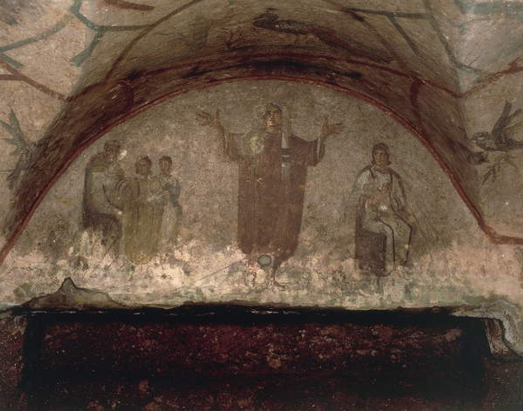 Detail of Figure of a young woman with a veiled head praying with her arms outstretched, Via Salaria by Roman