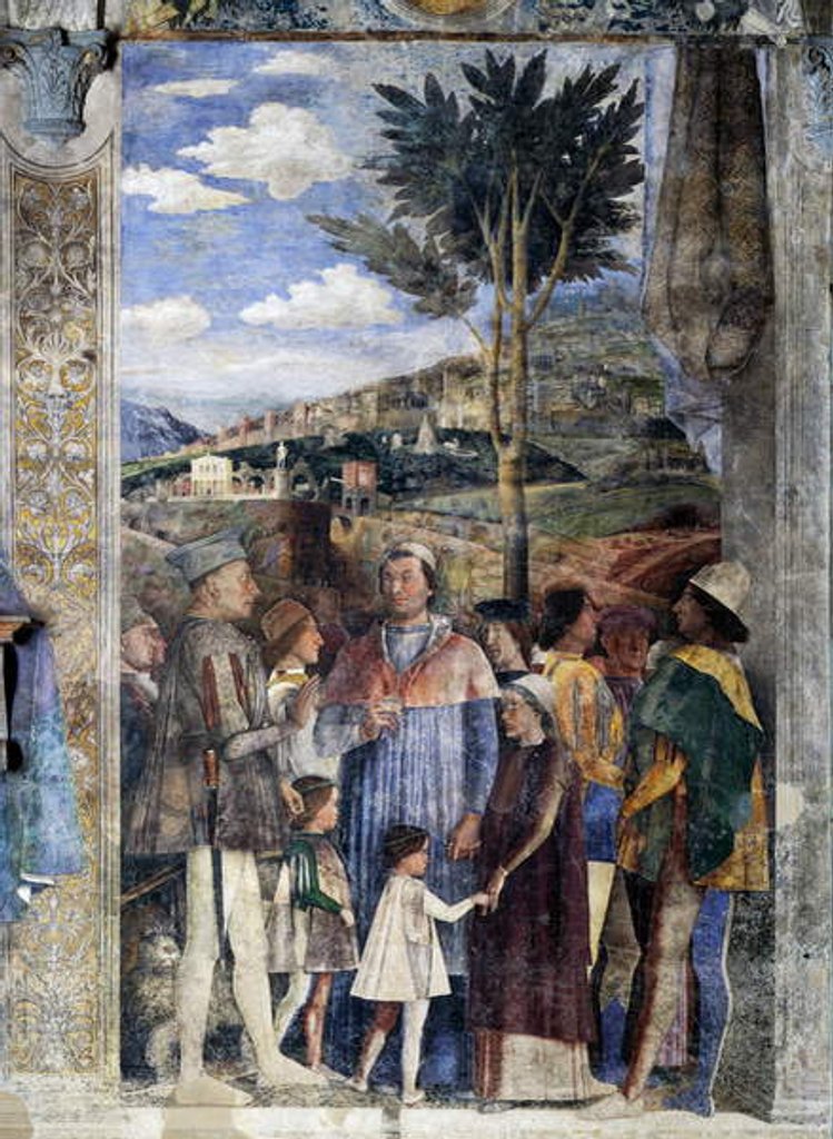 Detail of L. Gonzaga, his sons Cardinal Francesco Gonzaga, Federico I Gonzaga, Francesco, Sigismondo, on right, Holy Roman Emperor Frederick III, Christian I of Denmark, Meeting wall by Andrea Mantegna