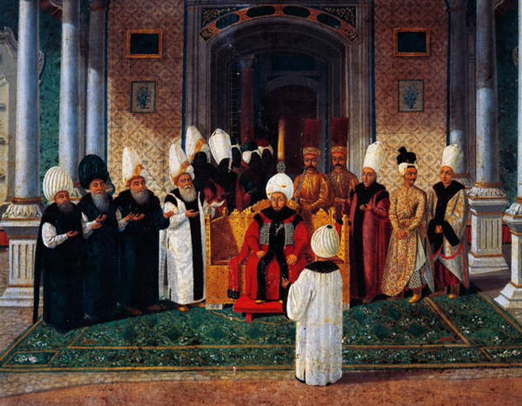 Detail of Suleiman III receiving dignitaries under canopy of Gate of Felicity in Topkapi by Konstantin Kapidagli