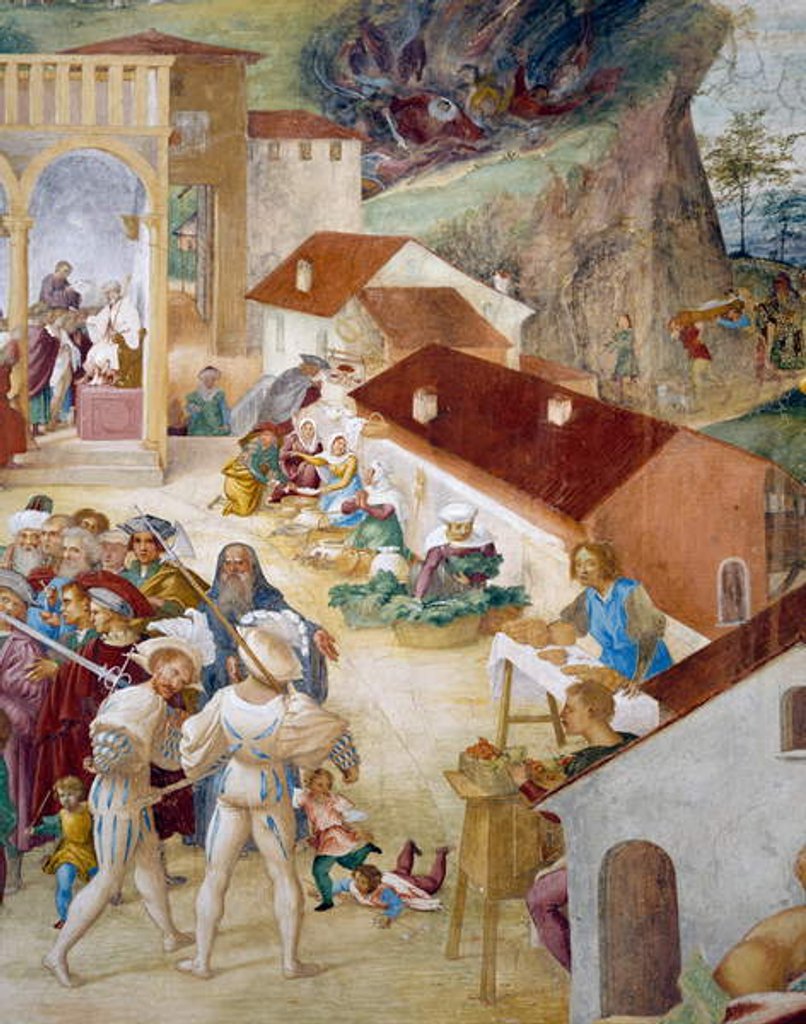 Detail of Soldiers, common people and market by Lorenzo Lotto