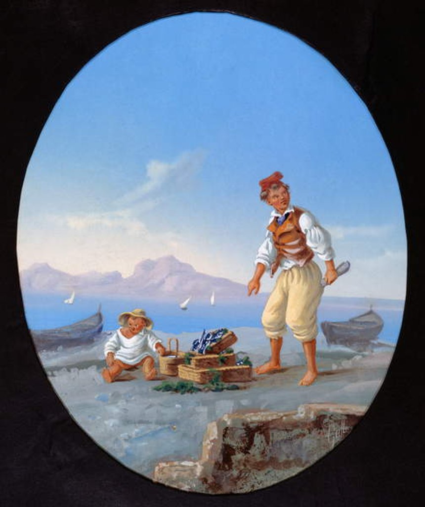 Detail of Fisherman on beach, with island of Capri in background, 19th century, Italy by Italian School