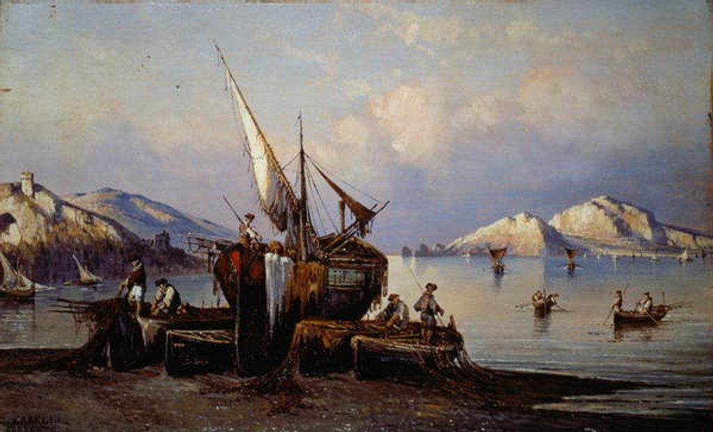 Detail of Fishermen in Nerano with Capri island in background by Consalvo Carelli