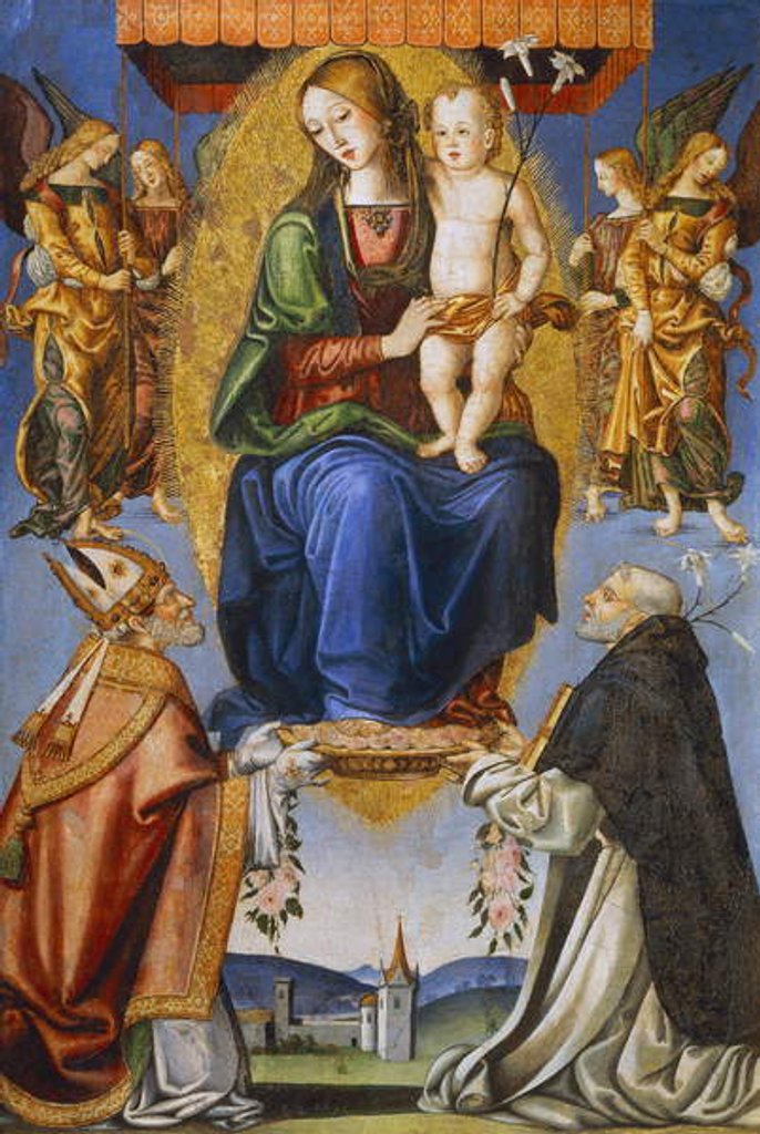 Detail of Madonna and Child with St Severino and Dominic by Bernardino di Mariotto