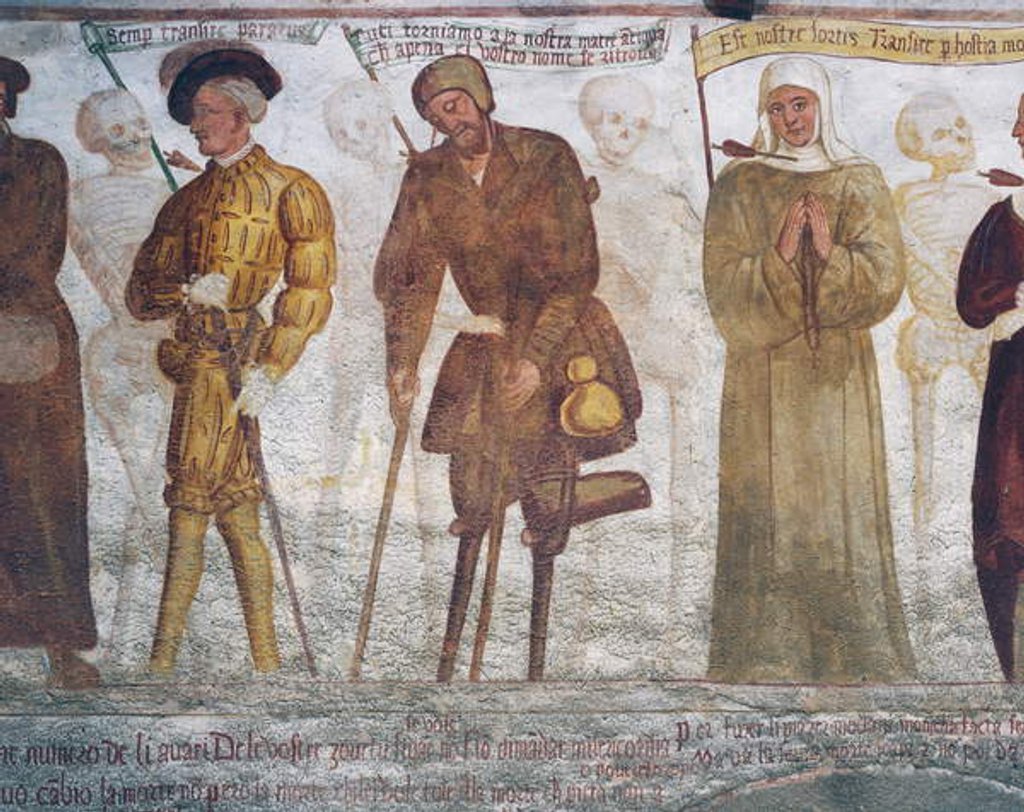 Detail of Death with the young man, the beggar, and the nun, detail from The Dance of Death, 1539 by Simone II Baschenis