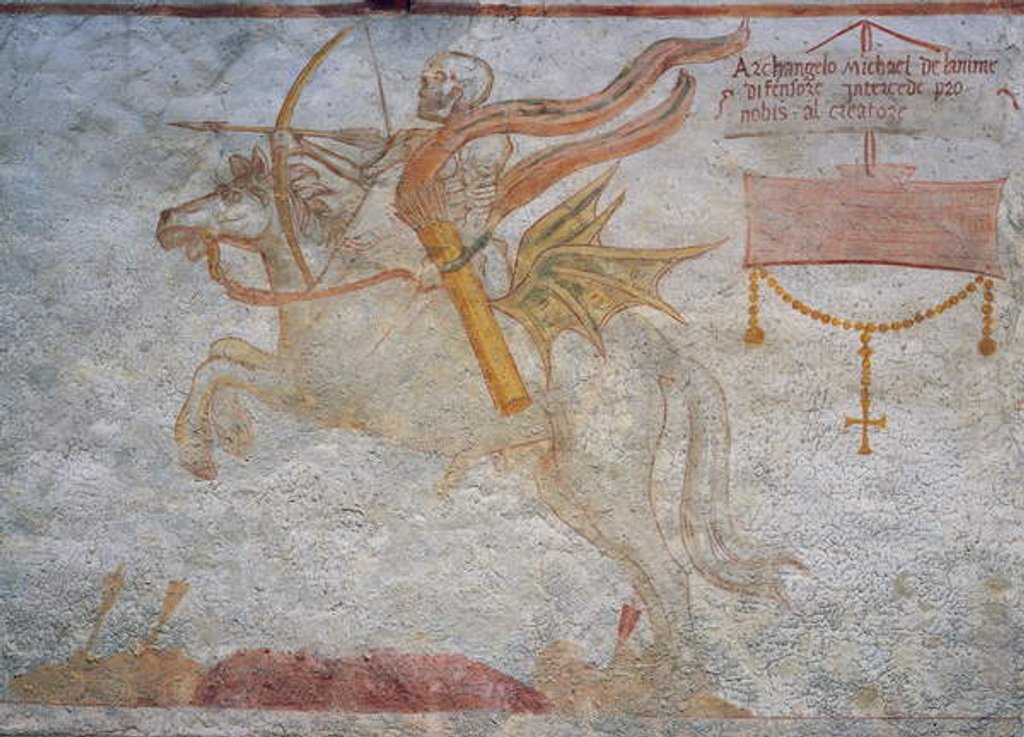 Detail of Death riding on horseback aiming arrow, 1539, detail from The Dance of Death, 1539 by Simone II Baschenis