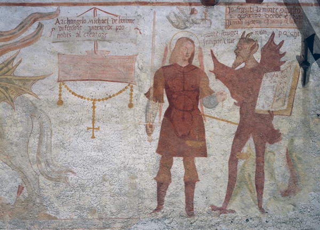 Detail of The Archangel Michael and the devil with the book of the seven deadly sins by Simone II Baschenis