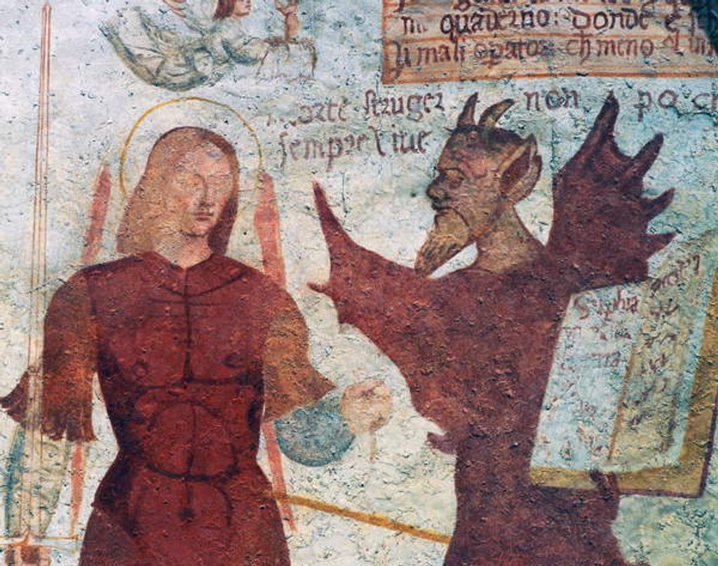 Detail of The Archangel Michael and the devil with the book of the seven deadly sins by Simone II Baschenis