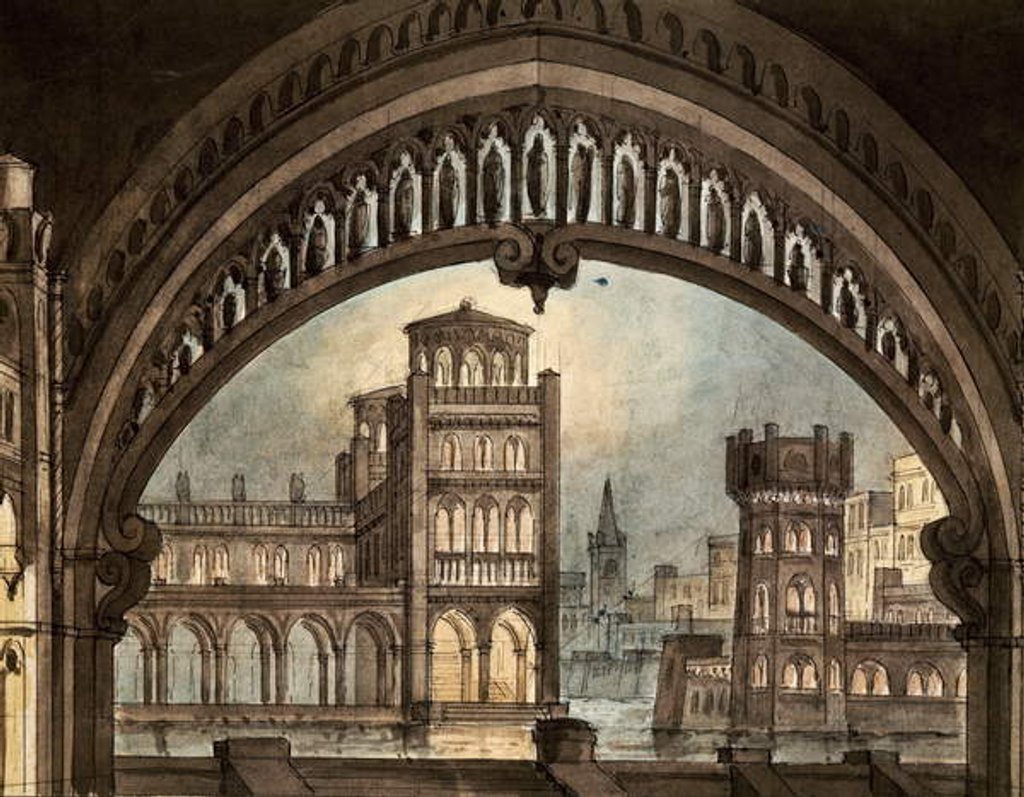 Detail of Scenography for 'La Straniera', by Vincenzo Bellini, at the Carignano theater, Turin by Pietro Bertoja