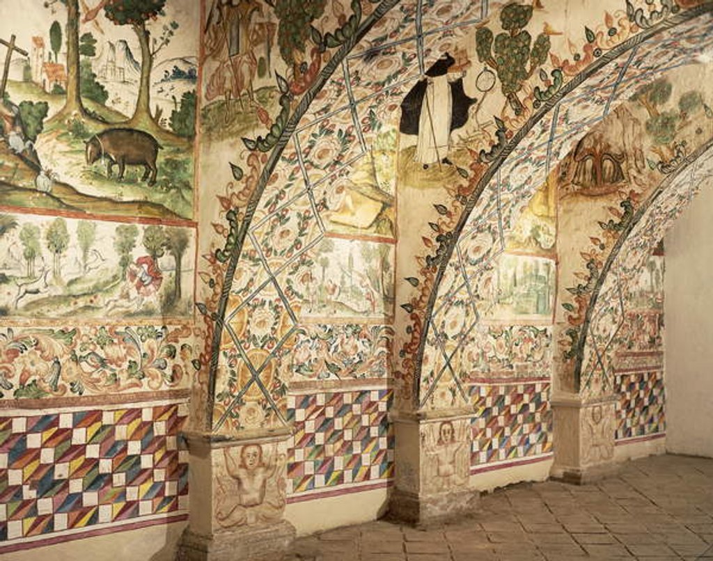 Detail of Chapel frescoes depicting religious and daily life scenes by School Peruvian