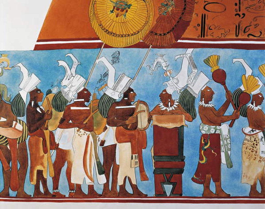 Detail of Reconstruction of the Bonampak frescoes showing a procession of musicians by Mayan