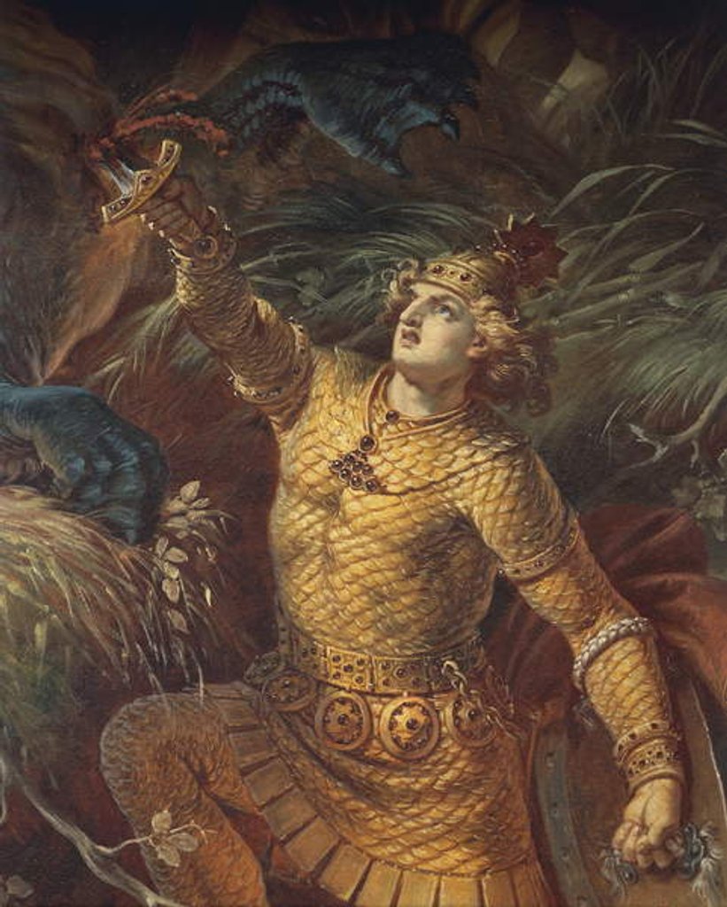 Detail of Sigurd killing the dragon Fafuir by holding the Gram sword, detail by Wilhelm Hauschild