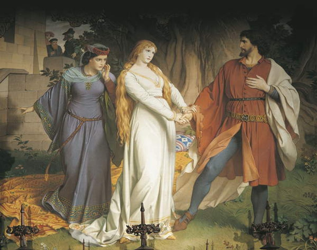Detail of Tristan and Isolde meet in secret for the last time, but their meeting is betrayed and King Mark wounds Tristand with a poisoned spear by German School