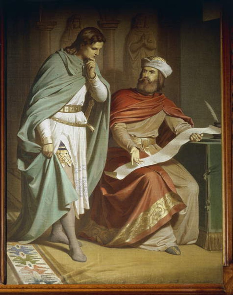 Detail of Wolfram von Eschenbach translates the poem 'Willehalm' to Walther von der Vogelweide by Ferdinand II Piloty