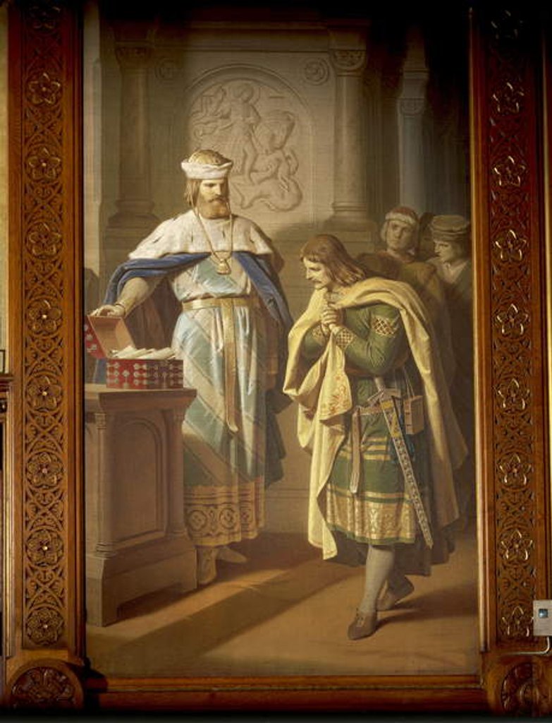 Detail of Hermann von Thuringen returns the newly-found manuscript 'Aneide' to the poet by German School