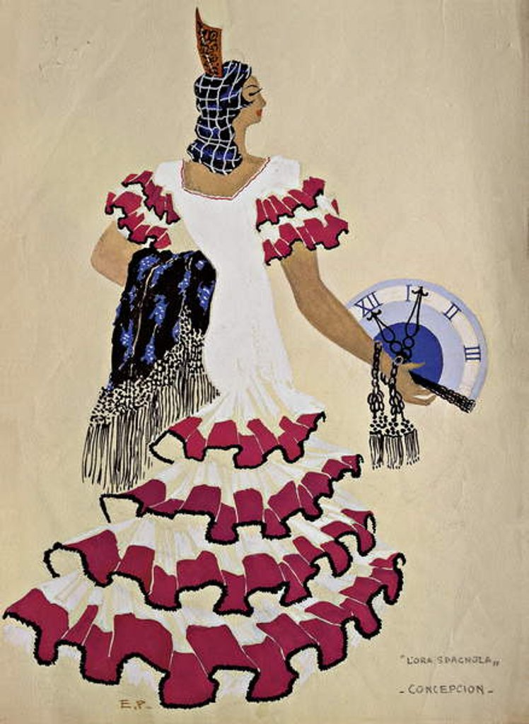 Detail of Costume design for the character of Conception from the opera 'L'heure Espagnole', 1907 by French School