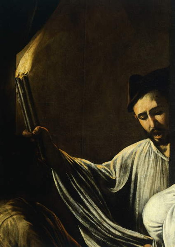 Detail of A man holding a torch and burying a dead by Michelangelo Merisi da Caravaggio