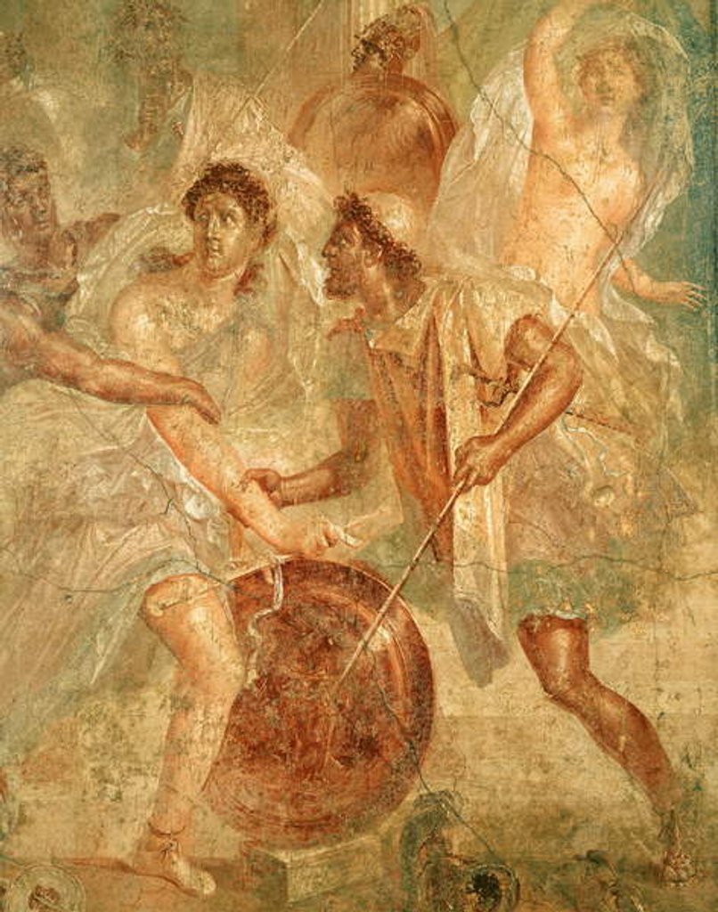 Detail of Ulysses and Diomedes recognizing Achilles disguised as the female Pyrrha among the Daughters of Lycomedes at Skyros, from Pompeii by Roman