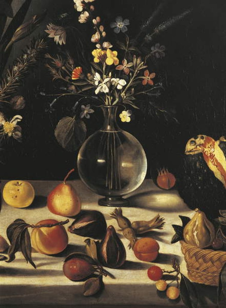 Detail of Still life with flowers and fruit, by Master of the Hartford Still Life, c.1600-10 by Michelangelo Merisi da Caravaggio
