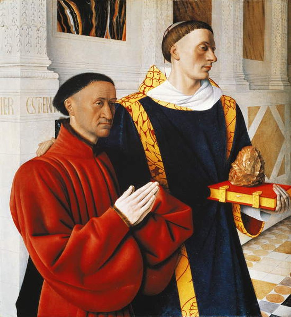 Detail of Left hand panel of the Melun Diptych: Etienne Chevalier with his patron saint St Stephen, 1452 by Jean Fouquet