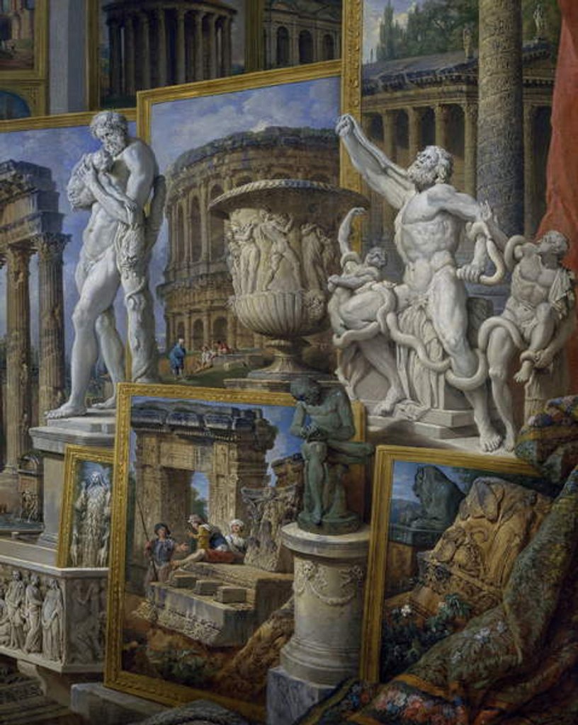 Detail of Silenus bearing the child Dionysus, the Borghese Vase, and the Laocoon Group by Giovanni Paolo Pannini or Panini