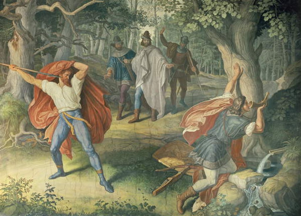 Detail of Hagen killing Siegfried at fountain, Hall of Nibelungens, 1831-1867 by Julius Schnorr von Carolsfeld