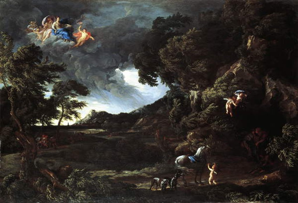 Detail of Landscape with the Union of Dido and Aeneas, c.1664-48 by Gaspard Poussin & Maratta or Maratti Carlo Dughet