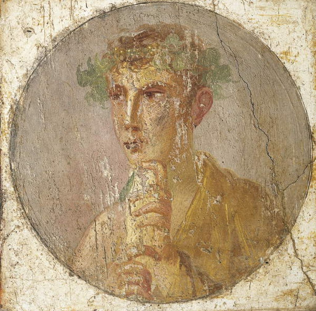 Detail of Portrait of a young man holding a papyrus scroll, 55-79 AD by Roman