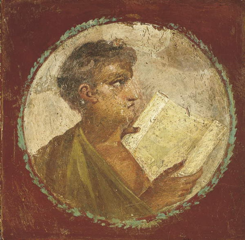 Detail of Portrait of a young man holding a papyrus scroll, 55-79 AD by Roman