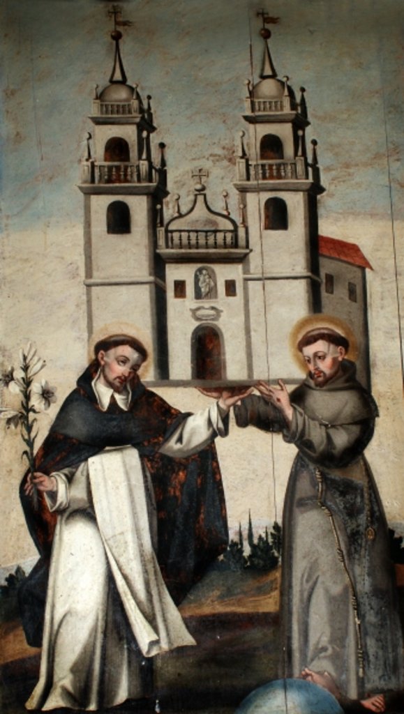 Detail of St. Dominic and St. Francis holding a miniature model of the church at As Ermidas by Anonymous