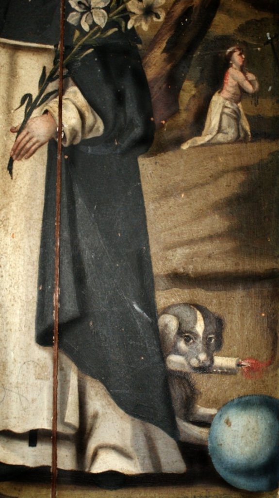 Detail of Detail showing the lily, staff and dog with torch, attributions of St. Dominic by Spanish School